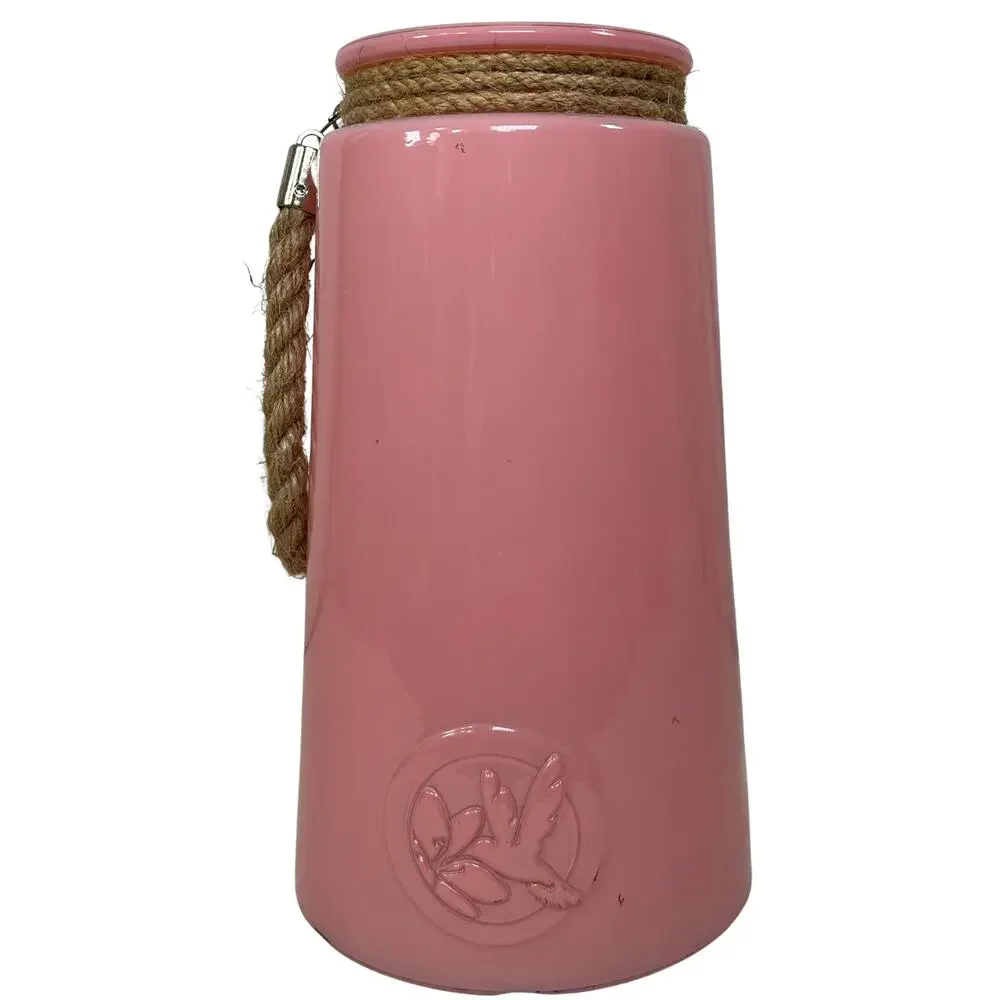 Large Pink Glass Hanging Vase Jar Rope Handle Wide Mouth